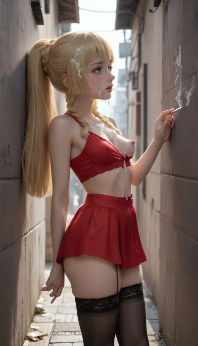 ((Black hour)), ((Pokemon anima art style)), ((seedy men looking for sex)), ((multiple men down the alleyway looking for sex)), (((prostitute Alley))), ((she’s a hooker, sex worker)), ((adult 40 to Lillie from Pokemon)), small sagging breasts, one breast exposed, very sexy face, thin waist and thick low body, (black silk stockings), blushing cheeks, girl low stature, massive thighs, thick thighs, wide hips, thin waist, down the shadowy alleyway at midnight, (no light source), (dim light), tight red crop top, red coloured mini skirt dramatic lace-up side cutout, (((no knickers))), she is standing, leaning against the wall, 1girl, semi side view, ((after sex)), (self pleasuring, pinching own nipple), (smoking a cigarette, girl is holding the cigarette up to her mouth, sucking on the cigarette, blowing cigarette smoke), beautiful, masterpiece, high quality, high resolution, (cum dripping, excessive cum, slimy), (cum on stomach, cum on chest, cum on face, cum on hair), Side lighting creates a dark and sexual atmosphere.