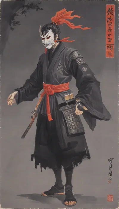 woman, Ukiyo-e Art, warrior ninja man, (in dark grey Shinobi-shozoku, Shinobi-Zukinand, shinobi mask:1.5), print style of hokusai fine art style of kanagawa painting /relax, UtagawaKuniyoshiXL, hu4lu, baishi, style, of, Qi, Baishi, <lora:Ukiyo-e Art:1>, <lora:UtagawaKuniyoshiXL_v1:.5>, <lora:hu4lu:.5>, <lora:baishi_xl_0_-000004:1.4>, <lora:tbh170-sdxl:1.4>
