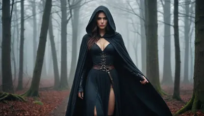 Dark cinematic fantasy forest, mysterious atmosphere, full body photo, sword at the hand, sexy tight elegant layered mediaeval outfit, medium breasts, front viewer, realistic 4K. A mysterious adult woman with long dark hair, wearing a dark hooded cloak, fog grows denser between the trees., hinaigirl, <lora:MaybeBetterFaceInFullBodyLora_XL_rev3:1.4>