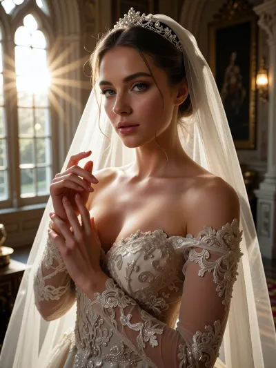 (masterpiece, fashion editorial photography, hyper-detailed sharp focus:1.4), (perfect realistic hands, flawless finger anatomy, clean joints, elegant fingernails:1.4), (highly detailed human iris with realistic natural reflections and vivid eye sparkles, ultra-sharp clear look:1.5), a breathtakingly beautiful bride with flawless smooth skin and long perfect eyelashes, elegant graceful pose, medium shot, wearing an exquisite luxurious wedding dress with intricate sheer lace details and fine embroidery. She is standing inside a majestic ornate castle room in front of a huge panoramic window. Glowing morning golden hour sunbeams stream through the window, beautifully illuminating her and passing through a sheer translucent veil which she is gently touching with her fingertips, gorgeous light-wrap effect on her hands, cinematic atmospheric lighting, 8k resolution, romanticism fine art style