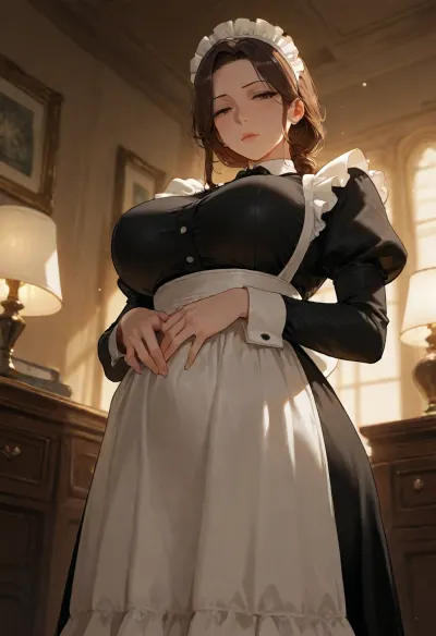 masterpiece, best quality, absurdres, newest, highres, very aesthetic, 1girl, solo, mature female, adult, 25 years old, brown hair, maid, maid outfit, dark dress, white apron, standing, office, study, indoor, neutral expression, serious, looking down, evening, lamp light