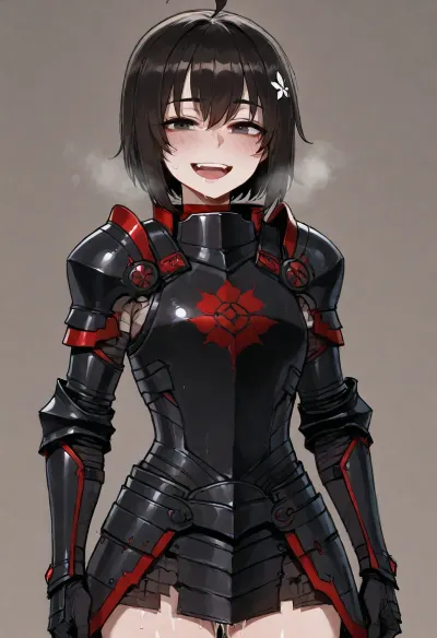 (Ratatatat74), (maple from bofuri, petite, happy, armor), solo, dripping cum, simple background, <lora:ratatatat74-000050:2>