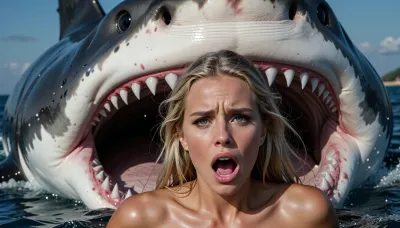 An extremely beautiful, naked blonde woman fleeing in the sea from a massive, man-eating great white shark. She is terrified, with sheer dread and fear visible in her eyes. The frame captures her face in striking, razor-sharp detail—her features are perfect, with large, wide-open eyes reflecting a desperate struggle for survival. Behind her, a colossal shark looms with its jaws agape, revealing its teeth and large, dark, sinister eyes.