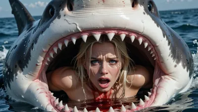 An extremely beautiful, naked blonde woman, her face and outstretched arms are visible inside the open jaws of a shark—she is pleading for help. The scene takes place at sea, featuring a massive, man-eating great white shark. The woman is terrified, with sheer horror and fear in her eyes. The frame captures her face in striking, vivid detail, alongside the enormous, open-jawed shark. There is blood inside the shark's maw and in the surrounding water, the shark’s teeth are visible, as are its large, dark, sinister eyes. The woman’s face is rendered with perfect, intricate detail—her eyes are wide open, reflecting a desperate struggle for survival.
