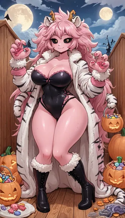 (innv meets jack cayless style), (reiq style, masterpiece, cel-shaded, limited color palette), (((beautiful perfect sexy Mina Ashido from my Hero Academia anime body:1.3))), (1girl, solo, alone, 24 year old woman), ((big curves body)), (thick thighs, wide hips, big large wide butt, big large giant tits), (((long pink big hair:1.6), (Pink color skin:1.9), (Black Sclera Eyes:1.1))), (gorgeous, seductive face, perfect ads, big large breast, muscles body, muscles arms, perfect hands, muscles legs, big large ass, sweaty body), (((furry fur fake white tiger ears:1.5), (sexy furry fur fake white tiger sexy tight lace crisscrossed one-piece underwear with camel toe costume:1.4), (furry fur fake white pink tiger jacket), (furry fur fake white tiger claw gloves:1.3), (furry fur white tiger claw high heel boots))), (((holding a Halloween Candy bucket doing trick or claw gloves treat pose))), (Halloween Candy, ghost, jack o lanterns pumpkins, candy, blood, moon, steam, wood, smoke, sauna background), ultraviolet light, LoL, Style, cute, doodle, black, sclera, eyes, <lora:LCMTurboMix_Euler_A_fix:2>, <lora:FF-Halloween-Full:2>, <lora:cutedoodle_XL-000012:2>, <lora:cartoon_stickers_xl_v1:2>, <lora:black sclera:2>