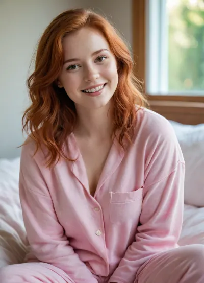 A highly photorealistic lifestyle photograph of a cheerful 18-year-old woman wearing cute, loose-fitting pink pajamas. She has a warm smile, natural makeup, healthy red hair, and a soft, curvy physique. The comfortable pajamas have a relaxed fit and pastel colors. She is relaxing at home in a cozy bedroom with soft morning sunlight streaming through the window. Natural pose, realistic skin texture, warm atmosphere, high detail, shallow depth of field, professional photography, 4K, candid lifestyle scene.