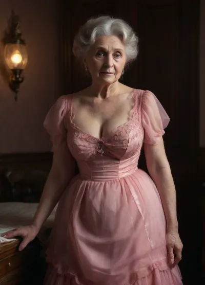 (((1 woman, solo, portrait))), professional hardcore porn photography, standing posing, in an extremely romantic bedroom, nearby a marital double bed, exotic beige bedding, (night:1.9), (chiaroscuro:1.9), (((only backlight:1.9))), ultra detailed, ultra realistic, extremely detailed background, (((housewife:1.9))), (((extremely aged extremely elderly ancient 80 year old native grandma:1.9))), extremely feminine, large breasts, busty, curvy, slim, (((very short messy ultra-curly golden-copper colored hair))), extremely limp saggy wrinkled tits, (((victorian gown style skin-tight knee-length pink hyper-see-through breezy wavy A-line hoopdress:1.9))), stiletto high heels, Photorealistic rendering with authentic elderly skin pores and fine facial detail, realistic hair strands, natural textures and reflections, detailed architectural and textile surfaces, physically realistic, realistic chiaroscuro. No artificial beauty filter or plastic appearance. 4K, UHD, upscale, photorealistic, highly detailed, (artificially upscaled, optimized picture:1.9), (((heavy massive aging:1.9))), post-process optimalization and correcting anatomical anomalies, (((kinky lady:1.9))), (((seduction:1.9)))