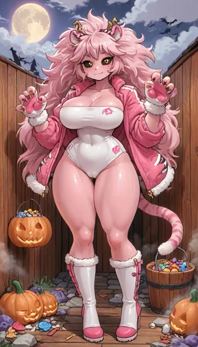 (innv meets jack cayless style), (reiq style, masterpiece, cel-shaded, limited color palette), (((beautiful perfect sexy Mina Ashido from my Hero Academia anime body:1.3))), (1girl, solo, alone, 24 year old woman), ((big curves body)), (thick thighs, wide hips, big large wide butt, big large giant tits), (((long pink big hair:1.6), (Pink color skin:1.9), (Black Sclera Eyes:1.1))), (gorgeous, seductive face, perfect ads, big large breast, muscles body, muscles arms, perfect hands, muscles legs, big large ass, sweaty body), (((furry fur fake white tiger ears:1.5), (sexy furry fur fake white tiger sexy tight one-piece underwear with camel toe costume:1.4), (furry fur fake white pink tiger jacket), (furry fur fake white tiger claw gloves:1.3), (furry fur white tiger claw high heel boots))), (((holding a Halloween Candy bucket), (standing doing trick or claw gloves treat pose))), (Halloween Candy, ghost, jack o lanterns pumpkins, candy, blood, moon, steam, wood, smoke, sauna background), ultraviolet light, LoL, Style, cute, doodle, black, sclera, eyes, <lora:LCMTurboMix_Euler_A_fix:2>, <lora:FF-Halloween-Full:2>, <lora:cutedoodle_XL-000012:2>, <lora:cartoon_stickers_xl_v1:2>, <lora:black sclera:2>