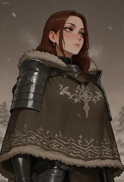 pale chubby woman long fluffy dark-brown hair standing in a snowbank in the mountains, face detail goth, skin detail battle scars large, Wearing battle-worn metal scale-mail lamellar armor, brown fur poncho brown over armor, background snowy mountain peaks, foreground mist and snow, Incase Style, Incase, high quality, Hypersexualized, side angle, <lora:Incase_Style__SDXL:2>, <lora:AfrobullPony2-000016:1.2>