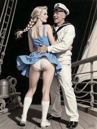 This is is a detailed monochromatic pencil drawing in a classical illustrative style depicts a scene set in 1950s, colorful colors, cute younger blonde elegant a hairstyle with a long, wide braid 20 yo student noble woman in blue summer sundress, white knee socks And shoes stands in the in the dark hold of the ship, Her legs are slightly apart, the wind blows her the hem of the sundress, her white lace panties are visible, old man sailor in fully uniform, who is laughing, hugs her and hard paws her butt by his fingers, rear view, The overall mood is intense, rendered in fine, expressive line work and subtle shading, evoking the style of 1950s satirical or moralistic illustrations.