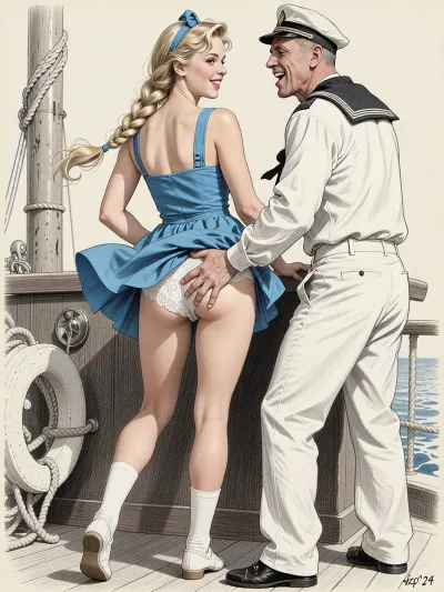 This is is a detailed monochromatic pencil drawing in a classical illustrative style depicts a scene set in 1950s, bright, colorful colors, bright sunshine, cute younger blonde elegant a hairstyle with a long, wide braid 20 yo student noble woman in blue summer sundress, white knee socks And shoes stands in sailor's cabin on the ship, slightly smiling, Her legs are slightly apart, the wind blows her hem of the sundress, her white lace panties are visible, old man sailor in fully uniform, who is laughing, and hard paws her butt by his fingers both his hands, rear view, The overall mood is intense, rendered in fine, expressive line work and subtle shading, evoking the style of 1950s satirical or moralistic illustrations.