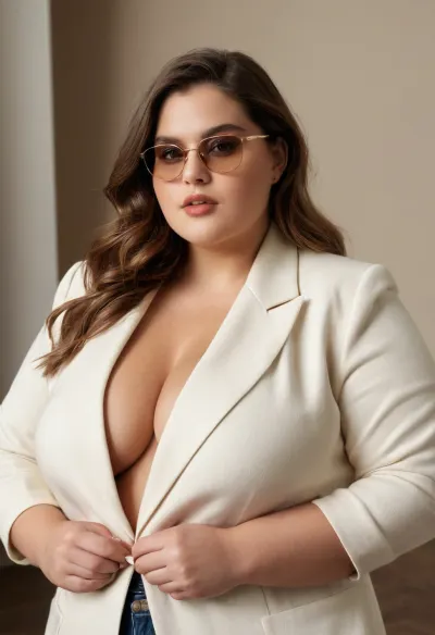 Obese plumper plus-Size Model, chubby face, loose flowing hair, massive chest, Das Model trägt einen weit geschnittenen, schokoladenbraunen Blazer mit ausgeprägten Schultern. Darunter kombiniert es einen cremefarbenen Strickpullover. Eine dunkelblaue, weit fallende Jeans sorgt für einen lässigen Kontrast. Dazu trägt es elegante, dunkelbraune Lederstiefel.
Accessoires, Eine bordeauxrote Ledertasche setzt einen farblichen Akzent. Ein breiter Ledergürtel betont die Taille, während goldene Ohrringe und eine schmale Sonnenbrille den Look ergänzen. Ein locker umgelegter Schal unterstreicht den angesagten Lagenlook.
Gesamteindruck, Die Kleidung wirkt hochwertig, selbstbewusst und gleichzeitig entspannt. Besonders modern ist die Kombination aus Oversize-Schnitten, klassischen Materialien und wenigen auffälligen Accessoires.
Das ist ein Beispiel für den derzeit angesagten Modern-Chic-Stil – eine von mehreren wichtigen Moderichtungen 2026.