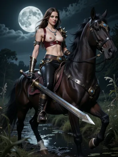 ((steampunk style)), Ultimate realistic, 8k, ultra detailed, masterpiece, ((((34yo elegant petite Queen with extremely small flat chest:1.9)))), (((areolas:1.7))), (((anorexic flat upper torso:1.7))), Swedish heritage, ((medium brunette 9" inch length hair just passed her shoulders:1.4)), green eyes, skinny, ((thin, slim body:1.6)), ((Thin hips and thighs and legs:1.7)), ((short torso:1.5)), (mature:1.2), (age spots:1.05), (few freckles:1.05), tiny breasts, ((extreme flat chest:1.7)), midriff, steampunk medieval setting, medieval full moon night background scene, ((steampunk style, beautiful medieval warrior Queen, Lana Ratschuk, mounted riding on a dark Clydesdale war horse, she is slightly armored with skimpy sexy small dark red leather breast-armor, midriff, she wears long tight black leather pants, seductive, smiling, mounted riding on a powerful dark Clydesdale stallion, engraved broad sword on saddle, ((giant Clydesdale horse is enormous much bigger than rider:1.5)), , , ((Horse possesses wide, sound hooves that are proportionate to their heavy, muscular build, abundant hair around the fetlocks and lower legs, long hair around hooves:1.8)), , , she is racing along beside a dark swamp path in a wild ride, uncovered brunette hair, beautiful small tiny breasts, erect nipples:1.5)), ((bare belly:1.8)), ((midriff:1.8)), (the warrior princess wears many highly detailed diamond bracelets and many glittering diamond necklaces around her neck), (three different diamond necklaces:1.2), ((22 a-cups:1.8)), small breasts, small flat chest, seductive, smiling, small waist, small tight ass, small tight hips, abs, (hard round ass), long legs, (((focus on feet:1.8))), wind are visible. dynamic composition, Expressive and majestic battle art, (((extreme anorexic flat chest:1.8))), ((short saggy upper torso:1.5))