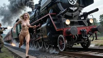 An extremely beautiful, naked blonde woman with a very sexy body is fleeing in terror along railway tracks, pursued by a speeding locomotive. Her eyes are filled with fear and dread. The frame captures a massive, high-speed steam locomotive racing along gleaming steel tracks, trailing black smoke, with sparks flying from its large steel wheels. On the front of the locomotive, the emblem of the German SS—a white skull and crossbones beneath an eagle—is visible. Large machine guns are mounted on the sides, and a soldier is firing one at the fleeing woman. The scene conveys immense speed, with the woman running for her life along the tracks. The woman’s face, eyes, body, arms, and legs are rendered with perfect, intricate detail.