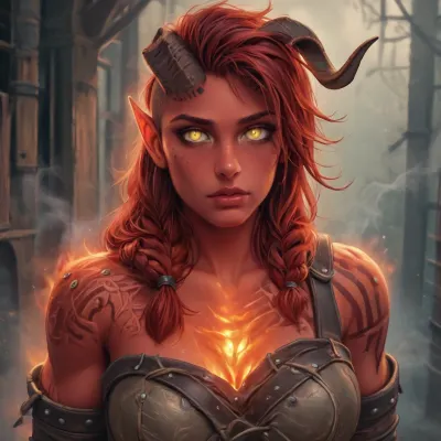Illyasviel from fate dross style reiq, (Masterpice), (HD4K visual), (detailed background), 4K ultra-detailed image, HDR, enhancement, professional photography, detailed face, precise anatomy, (perfect body symmetry), (5 fingers per hand), maximum resolution, NSFW, (("portrait of Karlach from Baldur's Gate 3, a tall muscular female Zariel Tiefling with bright vermilion skin and glowing embers in her chest, She has one long curved black horn on her left and a broken jagged horn on her right of her head, Her hair is dark with red highlights, undercut style with braids and metal discs. Her chest is glowing with infernal light from an engine within, steam venting from her shoulders. She is wearing weathered leather barbarian armor, scarred red skin, yellow slit-pupil eyes, kind but fierce expression)), <lora:karlach_xl_rev2_1-000072:2>