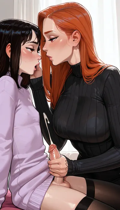 ((step-mom and step-daughter, step-daughter futa with small dick, mom doing handjob for step-daughter, cumshot, Looking straight ahead, eyes are open, eye contact)), perfect lighting, ultra realistic, 8k resolution, ultra detailed, instagram model, professional photography, One-piece turtleneck satin sweater, black stockings, ((sexy tattoo)), Sleek Straight Hair Back, medium chest, nordic, playful, freckled face, slim body, lifelike face, real face, incase, style, <lora:FF-Latex.ID-XL-011.bf16:.8>, <lora:Incase_Style__SDXL:.8>