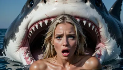 An extremely beautiful, naked blonde woman fleeing in the sea from a massive, man-eating great white shark. She is terrified, with sheer dread and fear visible in her eyes. The frame captures her face in striking, razor-sharp detail—her features are perfect, with large, wide-open eyes reflecting a desperate struggle for survival. Behind her, a colossal shark looms with its jaws agape, revealing its teeth and large, dark, sinister eyes.