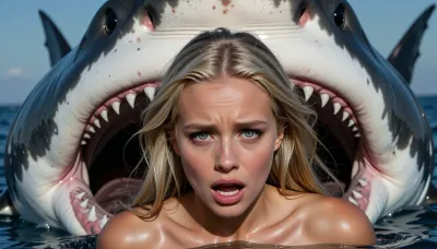 An extremely beautiful, naked blonde woman fleeing in the sea from a massive, man-eating great white shark. She is terrified, with sheer dread and fear visible in her eyes. The frame captures her face in striking, razor-sharp detail—her features are perfect, with large, wide-open eyes reflecting a desperate struggle for survival. Behind her, a colossal shark looms with its jaws agape, revealing its teeth and large, dark, sinister eyes.