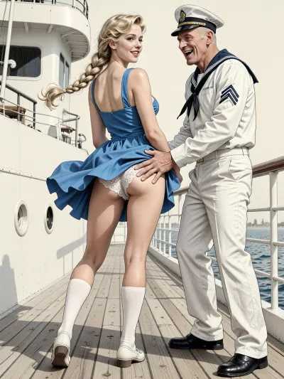 This is is a detailed monochromatic pencil drawing in a classical illustrative style depicts a scene set in 1950s, bright, colorful colors, bright sunshine, cute younger blonde elegant a hairstyle with a long, wide braid 20 yo student noble woman in blue summer sundress, white knee socks And shoes stands on the deck of the ship, slightly smiling, Her legs are slightly apart, the wind blows her hem of the sundress, her white lace panties are visible, old man sailor in fully uniform, who is laughing, and hard paws her butt by his fingers both his hands, rear view, The overall mood is intense, rendered in fine, expressive line work and subtle shading, evoking the style of 1950s satirical or moralistic illustrations.