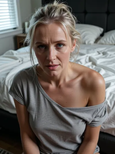 masterpiece, best quality, photo-realistic, hyper-detailed, 52yo adult female, Caucasian Northern European descent, heart-shaped face, high sculpted cheekbones, prominent nasolabial folds, realistic crow's feet, bare face, natural skin texture with visible pores, slight morning puffiness under the eyes, completely makeup-free, platinum blonde hair in a tangled and messy bedhead, flat in some areas and frizzy in others with stray strands clinging to her forehead, sleepy half-lidded blue-green eyes, neutral expression, mouth slightly agape, wearing an oversized faded grey cotton t-shirt, wrinkled fabric hanging loosely off one shoulder, sitting on the edge of a messy bed with tangled white linens, dim flat natural morning light filtering through blinds, raw unfiltered photography, 8k resolution, sharp focus on skin details, 35mm lens, realistic shadows, neutral color palette.