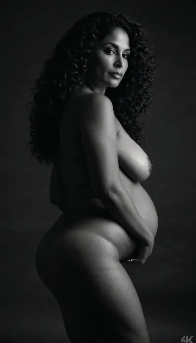 dark background, 40 year old woman silhouette, Latina milf, slim thick, curvy, long curly hair, medium natural sagging breasts, wide hips, slim waist, love handles, saggy belly, stretch marks, cellulite, wrinkled skin, skin imperfections, pubic hair, very sexy poses, perfect nude body, monochrome, realistic, 4k, high quality, art. Fupa. Big ass. Circle ass