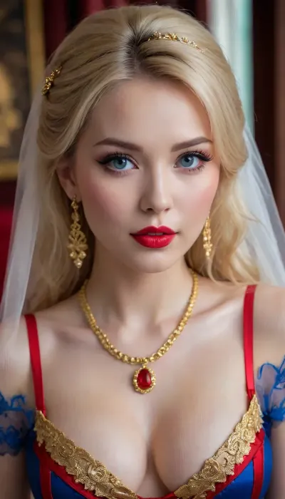 (Sexy Sweet Tempting young Woman), nordic, Professional sexy seduction posesmodel, Sexy supermodel, ultra realistic, 8k resolution, ultra detailed, instagram model, professional photography, (Sexy Chinese style, Classic Wedding outfit, Sexy EROTIC Cosplay), luxurious ash blond hair, Blue eyes, flashy makeup, Sexy lips, Exquisite earrings, Exquisite necklace pendant, Exquisite Gold Accessories, ((Red, with Gold Accessories, Sexy Erotic, See Through, Sexy Wedding outfit)), stockings, pale skin, natural big round breasts, smirk, flirty, bashful, seductive, lusty, playful, Healthy slim body, Tall, very long legs, hourglass figure, mini waist, Sweet face, perfect face, lifelike face, real face, very beautiful face, detailed face