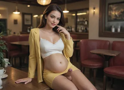 (Futanari:1.3), one Pregnant dickgirl, (solo:1.3), (erect penis:1.3), (wide hips, hourglass figure, thick tighs:1.3), A realistic, high-quality portrait of a beautiful young pregnant shemale sitting in a cafe. She has long, dark brown hair with soft waves, framing her face. She is wearing a chic light yellow blazer over a simple white camisole top, paired with a matching yellow skirt. She is sitting on a red upholstered booth seat, looking directly at the camera with a gentle, inviting smile. One hand is resting near her lap, and her posture is relaxed and confident. In the background, there is a blurred cafe setting with tables, warm ambient lighting, and other patrons, creating a cozy and sophisticated atmosphere. On the table in front of her sits a white teacup on a saucer. The lighting is soft and natural, highlighting her facial features and the texture of her clothing. 8k resolution, cinematic photography, detailed skin texture, professional composition, photorealistic, centered, sitting at a cafe, dark brown hair, soft smile, looking at viewer, wearing a yellow blazer, white camisole, yellow skirt, cafe background, blurry interior, warm lighting, cinematic lighting, sharp focus, elegant attire, sitting on red booth, hand near face, intimate pose, focus on upper body, indoor, realistic skin, depth of field, (legs slightly spread:1.3), (She is sitting on a red upholstered booth seat:1.3)
