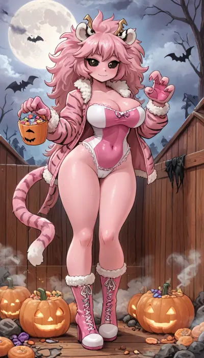 (innv meets jack cayless style), (reiq style, masterpiece, cel-shaded, limited color palette), (((beautiful perfect sexy Mina Ashido from my Hero Academia anime body:1.3))), (1girl, solo, alone, 24 year old woman), ((big curves body)), (thick thighs, wide hips, big large wide butt, big large giant tits), (((long pink big hair:1.6), (Pink color skin:1.9), (Black Sclera Eyes:1.1))), (gorgeous, seductive face, perfect ads, big large breast, muscles body, muscles arms, perfect hands, muscles legs, big large ass, sweaty body), (((furry fur fake white tiger ears:1.5), (sexy furry fur fake white tiger sexy tight lace crisscrossed one-piece underwear with camel toe costume:1.4), (furry fur fake white pink tiger jacket), (furry fur fake white tiger claw gloves:1.3), (furry fur white tiger claw high heel boots))), (((standing holding a Halloween Candy bucket doing trick or claw gloves treat pose))), (Halloween Candy, ghost, jack o lanterns pumpkins, candy, blood, moon, steam, wood, smoke, sauna background), ultraviolet light, LoL, Style, cute, doodle, black, sclera, eyes, <lora:LCMTurboMix_Euler_A_fix:2>, <lora:FF-Halloween-Full:2>, <lora:cutedoodle_XL-000012:2>, <lora:cartoon_stickers_xl_v1:2>, <lora:black sclera:2>