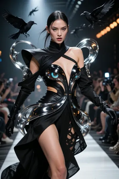 dynamic high-fashion full body shot of a striking Japanese female model in mid-action, capturing an unconventional avant-garde pose on a futuristic fashion runway. Her face expresses an intense, fierce emotional expression, full of energy and power. She wears a surreal, bizarre haute couture outfit featuring complex, heavily asymmetrical black garments with avant-garde deconstructed tailoring that completely distorts her body silhouette. Intertwined with the fabric are organic kinetic structures made of flowing liquid mercury glass and floating, gravity-defying black crow feathers that seem to materialize in the air around her moving body. Sharp human anatomy and flawless natural skin with visible pores from head to toe. Her eyes are wide and captivating, showing intricate macro details of the luminous, multi-layered irises and realistic glossy reflections. Dramatic motion blur in the background with blurred silhouettes of the audience and camera flashes. High contrast runway lighting with deep shadows, and cold silver and warm amber rim lights striking the matte black fabric and reflective glass. Shot on 35mm lens, f/2.8, ultra-fast shutter speed for crystal clear sharpness on the model, 8k resolution, (cinematic masterpiece --ar 4:5), --style raw --v 6.0