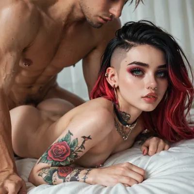 19 year old emo girl with colored hair. Big beautiful eyes. Nose piercing. Small tits with pierced nipples. Tattoos. Lying on her stomach. A man is fucking her from behind