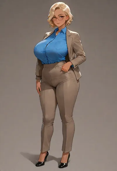 masterpiece, best quality, absurdres, newest, highres, very aesthetic, 1girl, solo, mature female, adult, blonde_hair, very_short_hair, curly_hair, brown_eyes, huge_breasts, tan, freckles, nipple_piercings, scar, collared_shirt, blue_shirt, pants, blazer, dress_shoes, glasses, clothes over underwear, (green_bra:.45), (green_panties:.45), (mesh:.4), fully clothed, underwear under clothes, standing, full body, looking at viewer, simple background, soft lighting, detailed face, detailed eyes