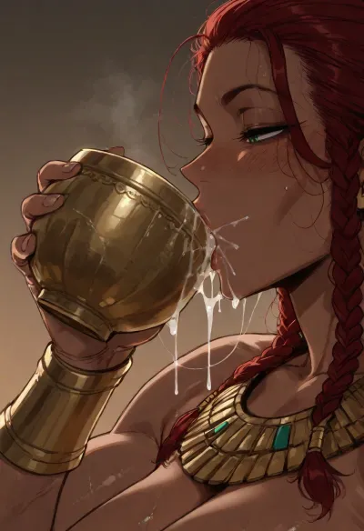 (Ratatatat74), (Amazoness, muscular), solo, cum drinking, cum in goblet, gokkun, thick cum, cum in mouth, close-up, <lora:ratatatat74-000050:2>