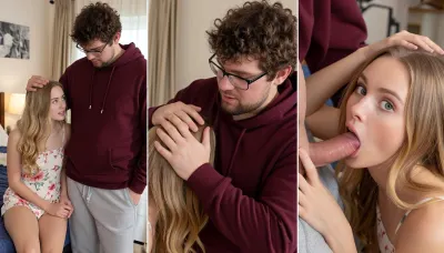 masterpiece, best quality, ultra-detailed, 1girl, 1boy, three-panel photo collage, split-screen photo, indoor bedroom setting.
​Left panel, A young blonde girl with long wavy hair sits on a bed, wearing a floral sundress, looking up at a taller fat man with glasses, curly brown hair, a beard, and wearing a maroon hoodie with grey sweatpants. He is gently placing his hand on top of her head.
​Middle panel, A close-up view from behind the blonde girl's head, showing the same bearded man with glasses and a maroon hoodie gently resting his palm and fingers on the crown of her head. He has a calm, focused expression.
​Right panel, A close-up high angle shot view of the blonde girl with an expressive, giving blowjob, surprised, or startled facial expression, sucking dick, (mouth slightly open, eyes wide), as she extends her arm toward the camera. She is wearing the floral print top.
​Warm indoor natural lighting, casual home environment, screenshots from a video, candid camera capture style, photorealistic, 8k resolution
