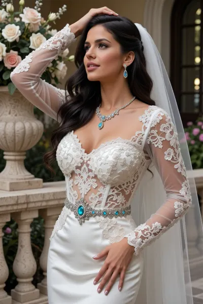 A true masterpiece, a breathtaking photograph capturing a dazzlingly beautiful bride on her wedding day. She has long, elegantly styled, dark, wavy hair. She stands in an expressive three-quarter pose, her gaze directed slightly upward and to the side, her face bears a soft, sincere, dreamy smile and a radiant, joyful expression. One hand rests elegantly on her hip, while the other is gracefully raised as the bride adjusts her semi-transparent veil. She wears a luxurious, form-fitting mermaid-style wedding dress, the bodice is adorned with textured lace featuring a floral print, and the skirt is made of thick white satin, the form-fitting sheer sleeves are embellished with magnificent guipure lace appliqués in the shape of flowers. The look is complemented by a delicate wedding sash, a central corsage brooch, and an elegant, exquisite necklace made of flawlessly cut aquamarine-colored crystals framed by silver filigree. In her ears are elegant, delicate drop earrings that match the necklace and sash. The bride’s skin is velvety-smooth, with a delicate, healthy glow and soft highlights. The scene unfolds on the semi-open terrace of a luxurious palace, where a large stone vase filled with blooming roses stands. In the softly blurred background, a blooming garden can be glimpsed, creating atmospheric depth, the entire space is bathed in the warm, natural light of the “golden hour”.