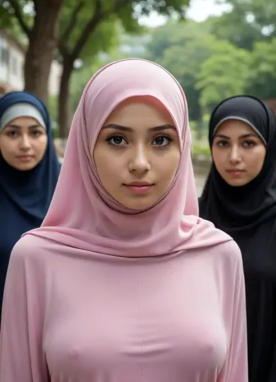 High quality hentai portrait in the style of Junji Ito, (fully clothed body silhouette), muslimah wearing soft fabric hejab and stretchy thin kaftan, with her friend, braless flat chest, towering nipples, mushy underboobs, highly detailed face, intimate, group of people in the background, closeup, realism, around Universiti Kuala Lumpur