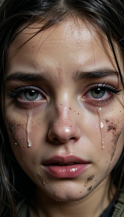 A young, innocent, and helpless face of a war girl. An extremely realistic, detailed photograph, large, highly intricate eyes reflecting emptiness, despair, indifference, emotional numbness, and pain. She is crying, with tears in her eyes and on her cheeks. A tight close-up on her face, captured as a professional studio portrait of the highest image quality. Professional multi-point lighting creates the appropriate atmosphere for the portrait. She has long black lashes and full, large lips. She appears young, her hair is disheveled, and her face is smudged with dirt. A front-facing shot with direct eye contact—she is looking straight into the viewer's eyes.