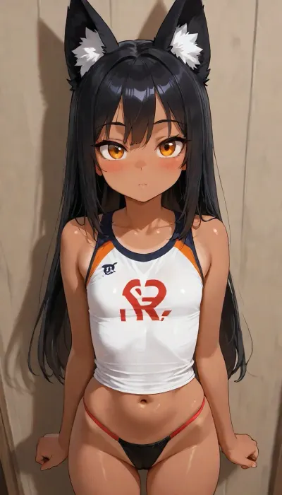 1girl, petite build, flat chest, tanned skin, long straight hair, black hair, orange eyes, black fox ears, anime style, detailed shading, curious face, sport top, beautiful eyes, looking at viewer, flushed cheeks, blushing, 3/4 body view, sport thong, standing, hands on sides