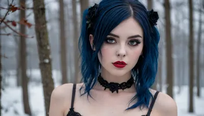 A stunningly beautiful nude mythical Kitsune, long white hair, large fluffy white fox ears, stands in a snow-covered clearing in a mythical Japanese forest at twilight, ancient Japanese stone lanterns, massive icicles hang from trees, falling snow, (nude:1.1), (pretty face:1.8), (perfect nose:1.8), (bright red lipstick:1.3), slender body, perfect legs, hairy pussy, (Hairy armpits:1.4), ziprealism, (24yo), (closeup face portrait, focus on eyes:1.5), (slender, petite, soft breasts, goth esthetic, heavy goth makeup:2), (dark blue hair, deep shimmering blue hair, long hair, sophisticated goth inspired updo hairstyle, voluminous hair, black roses in hair, dark eyebrows:1.8), (oversized expressive eyes, innocent doe eyes, delicate face, angular jaw, flawless porcelain skin:1.2), (shallow depth of field, soft bokeh, layered composition, analog lens), Stable-Yogis-Makeup-Enhancer-XL, (detailed eyes, perfect eyes, natural skin texture, photorealistic skin texture), <lora:Midjourney Image Enhancer XL v1:.8>, <lora:Instagram_Selfie_SDXL:.8>