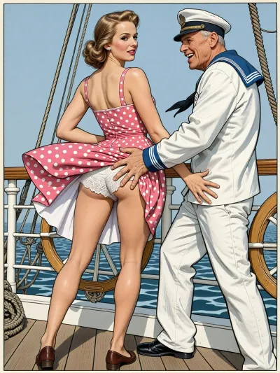 This is is a detailed a classical illustrative style depicts a scene set in 1950s, bright, colorful colors, very beautiful Russian married woman 40 years old noble light-brown elegant hairstyle, slender, wide hips, elicate noble facial features, Anna is dressed in pink polka dot summer sundress And brown shoes, she is stands in sailor's cabin on the ship, slightly smiling, Her legs are slightly apart, the wind blows her hem of the sundress, her white lace panties are visible, old man bosun in fully uniform, who is laughing, and hard paws her butt by his fingers both his hands, rear view, The overall mood is intense, rendered in fine, expressive line work and subtle shading, evoking the style of 1950s satirical or moralistic illustrations.