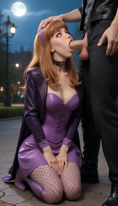 masterpiece, high res, 4k, insane res, detailed face and body, (Daphne Blake:1.3), 25 year old model, hourglass body shape, big ass, perfect breasts, ((ahegao, mind break, on her knees, deep fellatio, dick in mouth, holding her head, deep throat, throat bulge)), in the park, at night, dimmed street lighting, full moon, (wearing a sexy witch costume in black and purple, a long pointy hat, barely visible corset, tight leather coat with substantial cleavage, spacious skirt, covering hips, slutty fishnets, high boots)