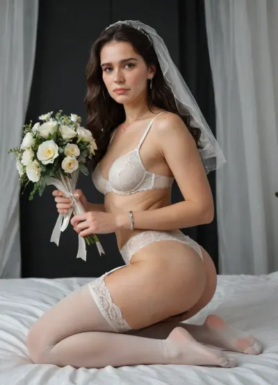 gilf, mature, milf, (49 years old woman), petite, (woman wrinkles:1.1), (short woman:1), (thick legs:1.5), (wide hips:1.15), (big ass:1.3), (hairy above pussy:1.2), natural breasts, flat_chest, (long hair), (wavy hair), (black hair), full body view, freckles, black room, black background, eyes wide open, photorealistic, best quality, afterglow, 4k, ((masterpiece)), extremely detailed, 8k, Intricate, High Detail, Sharp focus, 1girl, (beautiful face, perfect eyes:1.2), collarbone, (white bra, white stockings), (panties:1.2), garter belt, bride veil, solo_focus, sensual, seductive, (sad), very hairy pussy, erect nipples, earrings, bracelet, necklace, sexy thick legs, feet exposed, kneeling sit, side view, holding bouquet, (reinforced stockings feet:1.3), ((contrapposto)), face, <lora:SDXL_BetterFaces-LoRA_v1:.6>, <lora:add-detail-xl:.6>, <lora:detailed_notrigger:.6>