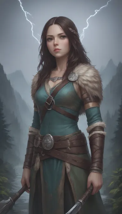 A young woman stands against a mountainous backdrop, with a forest visible in the distance, she is dressed in Viking attire, has long hair, and holds an axe in her hand. Lightning flashes in the sky, a close-up shot of her face, brunette