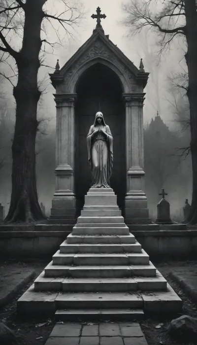 Gothic, Cemetery, graves, White Marble Tomb, Black, and, white, art, black, pencil, shading, charcoal, drawing, toned, paper, brutal, dark, b/w, color, scheme, <lora:Black and white art.V1:.8>