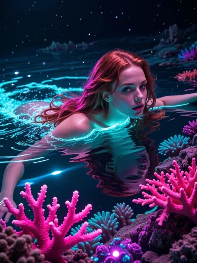 A beautiful redhead woman swimming in a surreal neon ocean at night. The water waves and coral reefs glow intensely with extreme bioluminescence in hot pink, cyan, and deep violet. Dreamlike underwater photography, bright glowing light sources, ultra-detailed.
