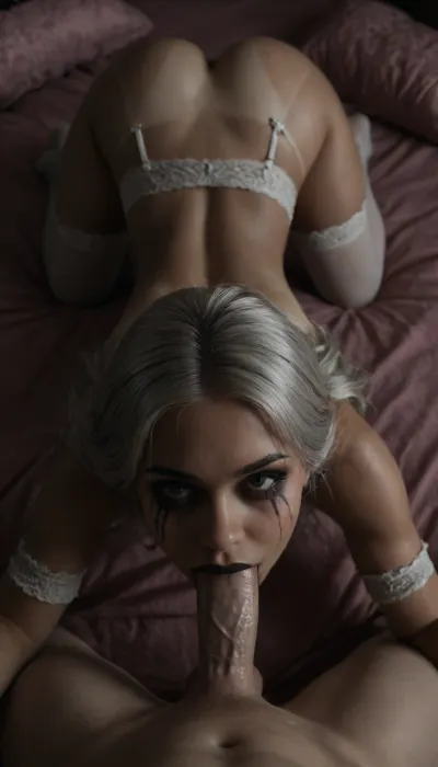 Bending Over, POV, ((choker, happy, orgasming, tanlines, shoulder length, very flowy, very silver blonde hair:1.7), ((flat tits)), (Ruined glamorous goth makeup), black lipstick, looks at camera), (white stockings, white garter belt, topless), Wide Angle, Bottom Up, (white cock down throat:1.3), View from the front, Shes on all fours, ass focus, arched back, looking at viewer, heart shaped ass, face front ass up, pretty face, ((viewer getting deepthroat blowjob)), nice eyes, pretty nails, towards the viewer, bai13yjay, pink bed, pink wallpaper, pink pillows, pink floral blanket, <lora:dark:.1>, <lora:detailed_notrigger:.1>, <lora:Bai13yJay:.8>