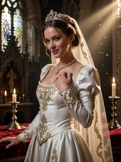 sharp focus on face. portrait of a young princess bride in historical European royal wedding clothing, standing during a formal ceremony in a dark Gothic royal chapel, framed from the thigh up, sharp focus on her face. Her face and body are turned three-quarters to the left in profile, her head tilted down, smiling. her beautiful blue eyes are open. There is a playful, mischievous quality to her gaze, despite the formality of the ceremony. She looks at the camera.
Her superb elegant face shows a perfect balance between sensuality and dignity, with finely detailed skin texture. her foreground hand resting lightly against her collarbone, the diamond ring visible.
The background hand rests flat on an altar table covered with red velvet. She has a sexy body. she wears an white medieval gown with a fitted laced bodice embroidered with gold thread, a off-the-shoulder neckline and puffed shoulders, a long sheer veil embroidered with gold held by a gold tiara, and a pearl and gold necklace. Her hair is swept up in a low bun with a few loose strands. ornate Gothic altar with several lit candles, and a tall stained-glass window with carved stone tracery at the upper left. primary light is a beautiful blessed light, in warm golden beams from the window, crosses the chapel, falls on her face and low cut, and passes through the sheer veil, which glows translucent gold with bright highlights along its folds and sparkling gold embroidery. Small glowing particles float in the beams. The rest of the chapel stays in soft shadow lit by warm candlelight.

Realistic rendering, cinematic quality. Over-detailed professional photography, masterpiece, DSLR camera.