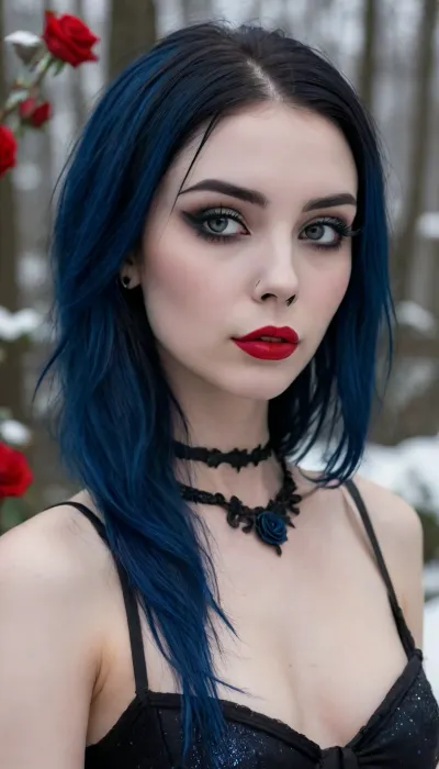 A stunningly beautiful nude mythical Kitsune, long white hair, large fluffy white fox ears, stands in a snow-covered clearing in a mythical Japanese forest at twilight, ancient Japanese stone lanterns, massive icicles hang from trees, falling snow, (nude:1.1), (pretty face:1.8), (perfect nose:1.8), (bright red lipstick:1.3), slender body, perfect legs, hairy pussy, (Hairy armpits:1.4), ziprealism, (24yo), (closeup face portrait, focus on eyes:1.5), (slender, petite, soft breasts, goth esthetic, heavy goth makeup:2), (dark blue hair, deep shimmering blue hair, long hair, sophisticated goth inspired updo hairstyle, voluminous hair, black roses in hair, dark eyebrows:1.8), (oversized expressive eyes, innocent doe eyes, delicate face, angular jaw, flawless porcelain skin:1.2), (shallow depth of field, soft bokeh, layered composition, analog lens), Stable-Yogis-Makeup-Enhancer-XL, (detailed eyes, perfect eyes, natural skin texture, photorealistic skin texture), <lora:Midjourney Image Enhancer XL v1:.8>, <lora:Instagram_Selfie_SDXL:.8>