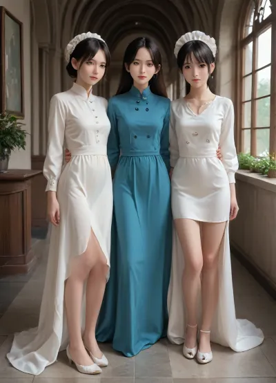best quality, masterpiece, photorealistic, Three young girls, (10), long black hair, innocent expression, white one piece long dress, vietnamese ao dai dress, long sleeves, high mandarin collar with a thin navy blue edge trim, small navy blue knot buttons along the diagonal front placket, plain white fabric, a single continuous piece with no seam across the middle, hem at her ankles, deep side slits from the hip to the hem, bare legs, white pointed toe pumps, standing straight, arms relaxed at her sides, full body, long stone colonnade, repeated stone arches, gray tile floor, green trees beyond the arches, soft daylight
She is neither Western nor Chinese and Korean.