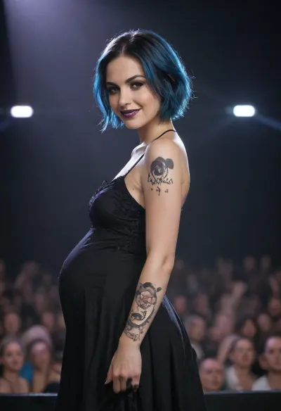 Realistic, 45 year old, gothic dresses, black-blue hair, very short hair, black makeup, purple lipstick, tattoos, piercings, (concert, sexy smile), (pregnant:.8), side view