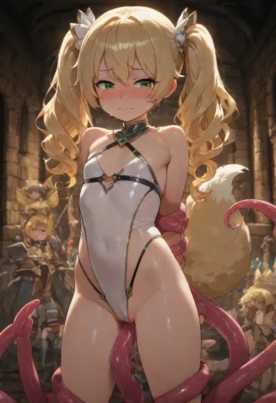 cute, young, short height, very long pigtails, blonde wavy hair, three soft fox tails sways behind back, green eyes, innocent, cute fang, skimpy fantasy outfit, anime style, detailed shading, ((in a dungeon, standing, tentacles in pussy, tentacles in ass, strong blush, wide and teary eyes, embarassed))